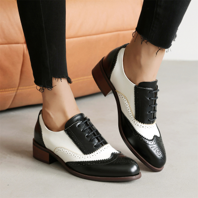 White and Black Wingtip Round Toe Lace up Dress Flat Women's Oxford Shoes