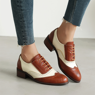 Brown and White Wingtip Round Toe Lace up Dress Flat Women's Oxford Shoes