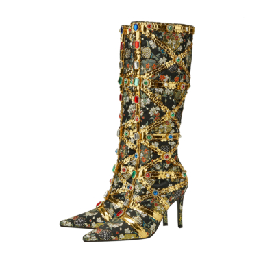 Gold Colors Rhinestone Pointed Toe Stiletto Heel Knee High Boots