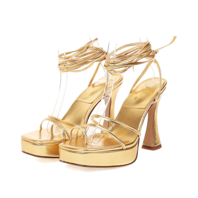 Gold Strappy Platform Sandals Tie Up Block Heels Sandals with Toe Ring
