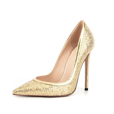 Golden Glitter Pointed Toe Stiletto Pumps 5 inches High Heels For Dance