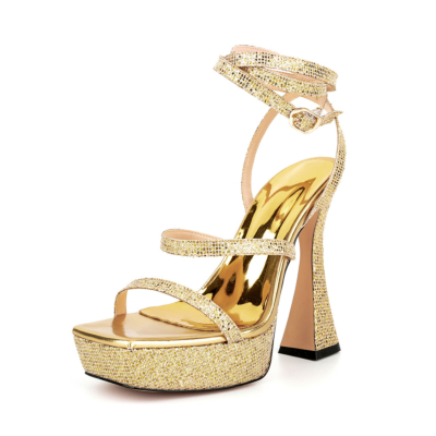 Golden Glitter Strappy Platform Sandals Spool Heels Sequin Shoes