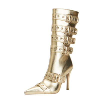Golden Metallic Strappy Knee High Boots Stiletto Heel Buckle Dress Boots