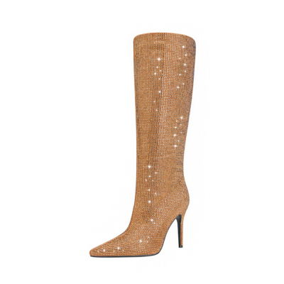 Golden Pointed Toe Rhinestones Boots Stiletto Heel Jeweled Knee High Boots