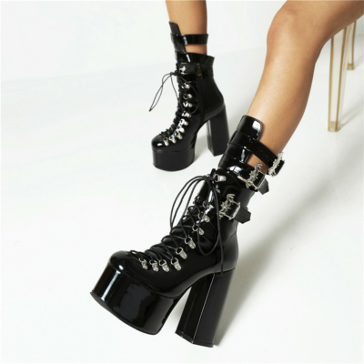 Black Patent Leather Lace Up&Buckle Combat Ankle Boots Platform Chunky Heels Booties