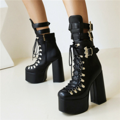 Black Matte Lace Up&Buckle Combat Ankle Boots Platform Chunky Heels Tall Booties