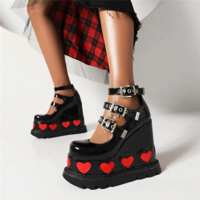 Black Patent Heart Platform Chunky Heel Triple Strap Buckle Shoes Mary Jane