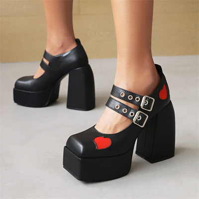 Black Mary Janes Platform Chunky High Heels Heart Shaped Twin Strap Buckle Heels