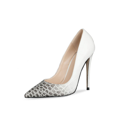 Grey and White Gradient Snake Print Stiletto High Heel Pumps Dress Shoes with Closed Toe