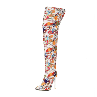 Graffiti-art Vegan Leather Pointed Toe Stiletto Heels Over the Knee Boots