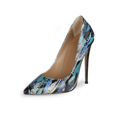 Blue Graffiti Stiletto Pumps Spring Pointed Toe Office Shoes for Women
