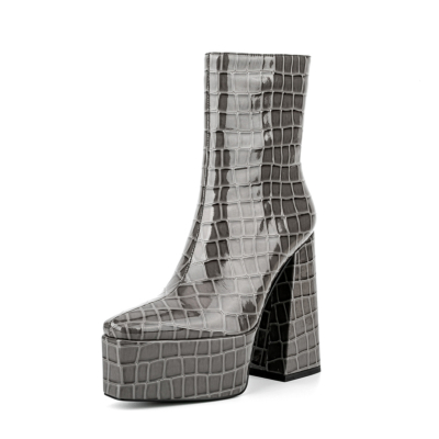 Grey Croc Printed Square Toe Block Heel Platform Ankle Boots