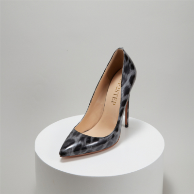 Grey Patent Leather Leopard Prints Pointed Toe Stiletto Heel Pumps
