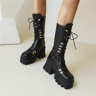 Matte Gothic Lace Up Square Toe Platform Chunky Combat Boots with Buckle