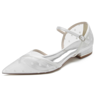 White Heart Mesh D'orsay Flats V Vamp Ankle Strap Dresses Shoes