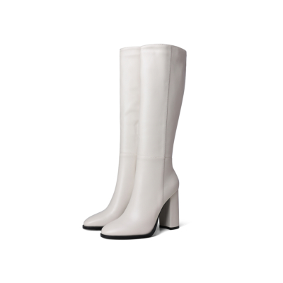 White Round Toe Heeled Dress Mid Calf Boots Knee High Boot