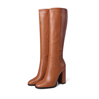 Brown Round Toe Heeled Dress Mid Calf Boots Knee High Boot