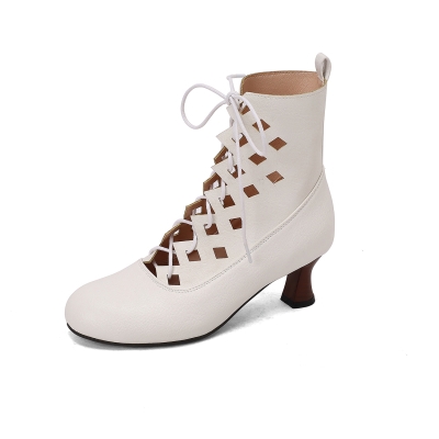 White Cut Out Lace up Ankle Boots Round Toe Low Heel Boots