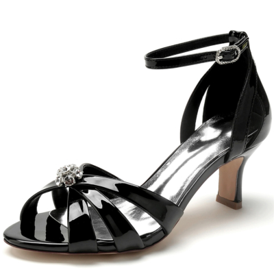 Black Hollow Out Rhinestone Sandals with Peep Toe Block Low Heels