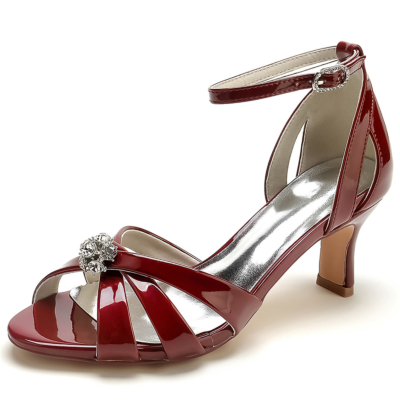 Burgundy Hollow Out Rhinestone Sandals with Peep Toe Block Low Heels