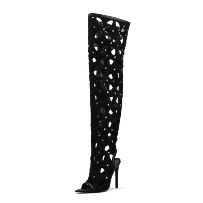 Black Hollow Out Suede Open Toe Stiletto Heel Slingback Over the Knee Summer Boots