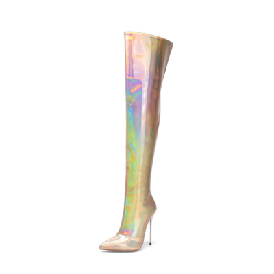 Holographic Heeled Thigh High Boots Wide Calf Zipper Stiletto Boots