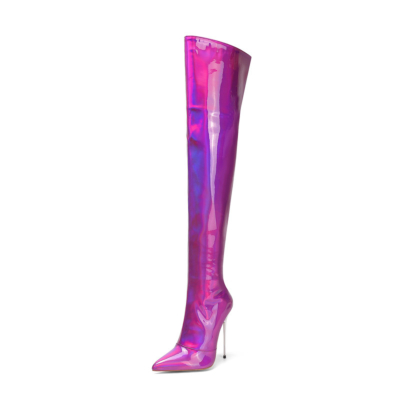 Purple Holographic Heeled Thigh High Boots Wide Calf Zipper Stiletto Boots