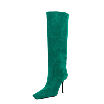 Women's Green Suede Square Toe Knee High Heel Boots