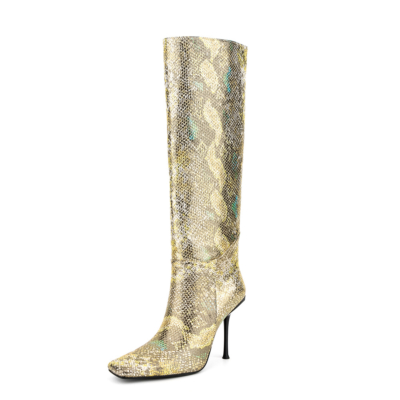 Women's Golden Python Printed Square Toe Knee High Heel Boots