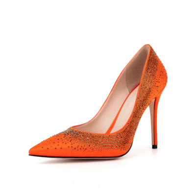 Women's Orange Satin Beads Pointed Toe Stiletto Heel Pumps