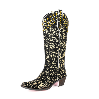 Black Cheetah Printed Square Toe Block Heel Mid Calf Western Cowboy Boots
