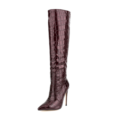 Women's Maroon Stone Printed Stilettos Pointed Toe Knee High Boots
