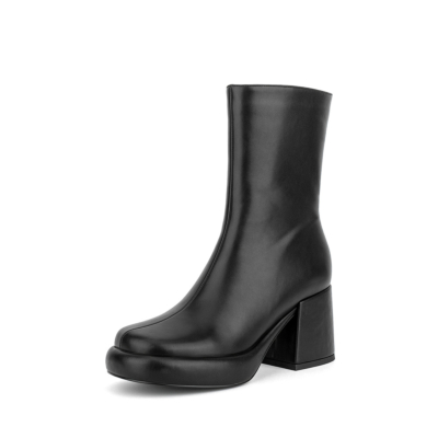 Women's Vegan Leather Round Toe Block Heel Ankle Boots