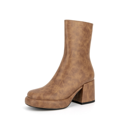 Women's Brown Vegan Leather Round Toe Block Heel Ankle Boots