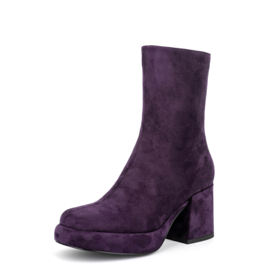 Women's Purple Suede Round Toe Block Heel Ankle Boots