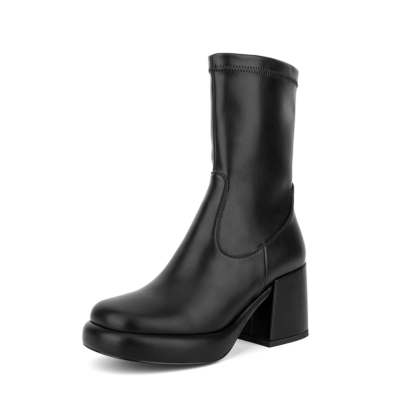 Women's Vegan Leather Round Toe Platform Chunky Heel Ankle Boots
