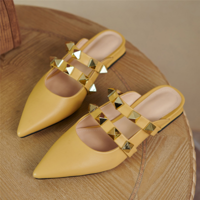 Trend Colors Yellow Leather Rivets Pointed Toe Mary Jane Flats Mules