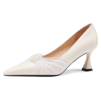 White Leather Kitten Heels Pearls Mesh Pointed Toe Pumps for Work