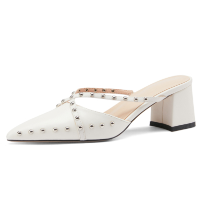 White Rivets Slip On Mules Cross Strap Pointy Toe Mules With Block Heel