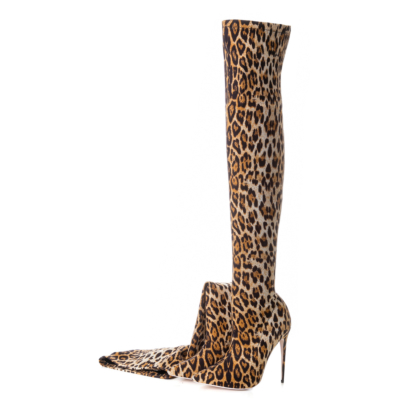 Leopard Suede Over The Knee Boots with Stietto Heel
