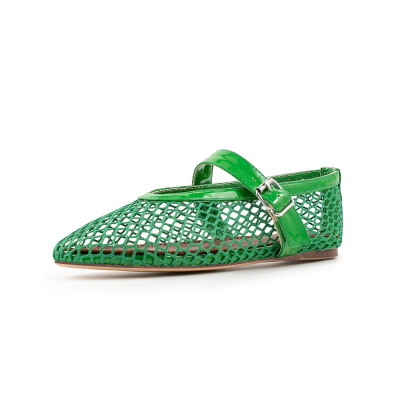 Green Mesh Mary Janes Flat Shoes
