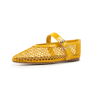 Yellow Mesh Mary Janes Flat Shoes