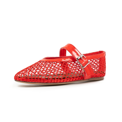 Red Mesh Mary Janes Flat Shoes