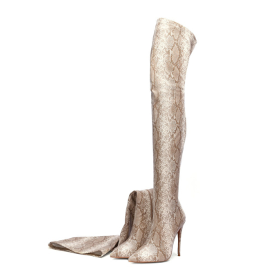 Khaki Fashion Snake Embossed Pointed Toe Stilettos Over-the-knee Boots