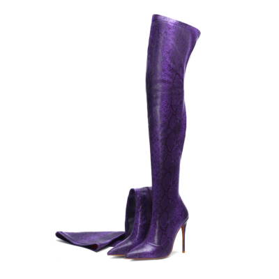Purple Fashion Snake Embossed Pointed Toe Stilettos Over-the-knee Boots