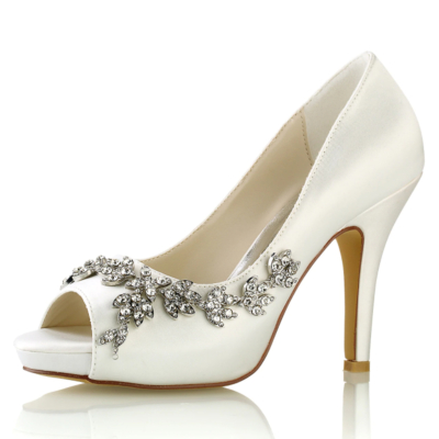 Ivory White Satin Peep Toe Wedding Shoes Rhinestone Flowers Stiletto Heel Platform Pumps