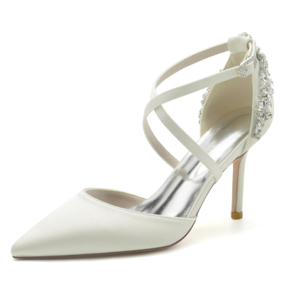 Ivory Satin Pointed Toe Cross Strap Pumps Stiletto Heel Wedding Shoes
