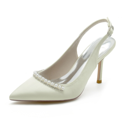Ivory Satin Pointed Toe Pearl Slingback Pumps Stiletto Wedding Shoes