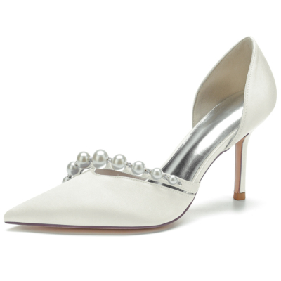 Ivory Satin Pointed Toe Pearl Stiletto Heel Wedding Pumps