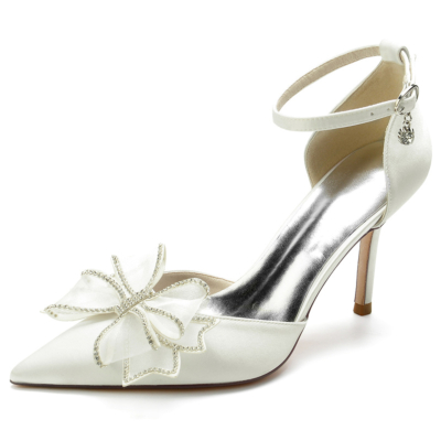 Ivory Satin Wedding Shoes Ankle Strap Pointed Toe Stiletto Pumps with Bow